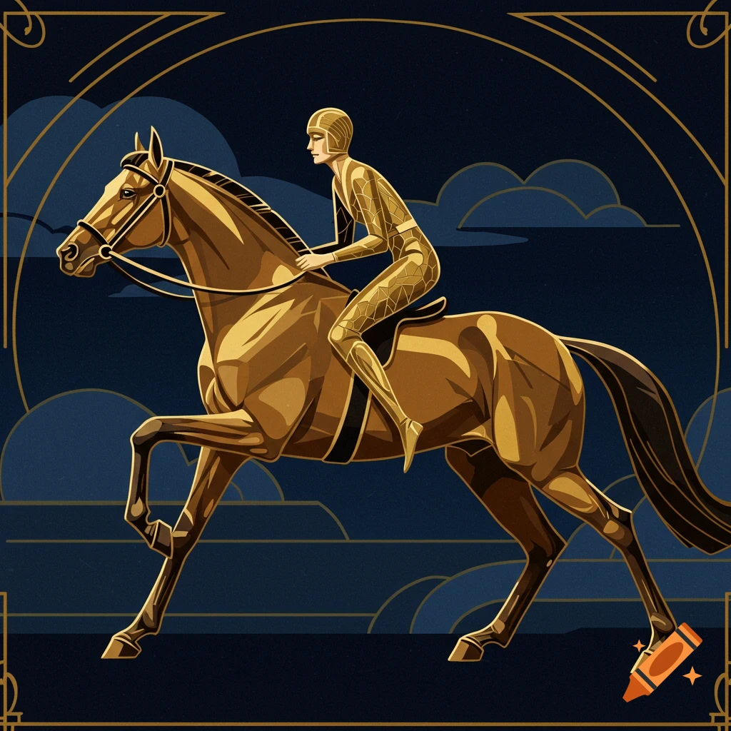 An Art Deco illustration of a rider on a horse against a dark background with gold accents.