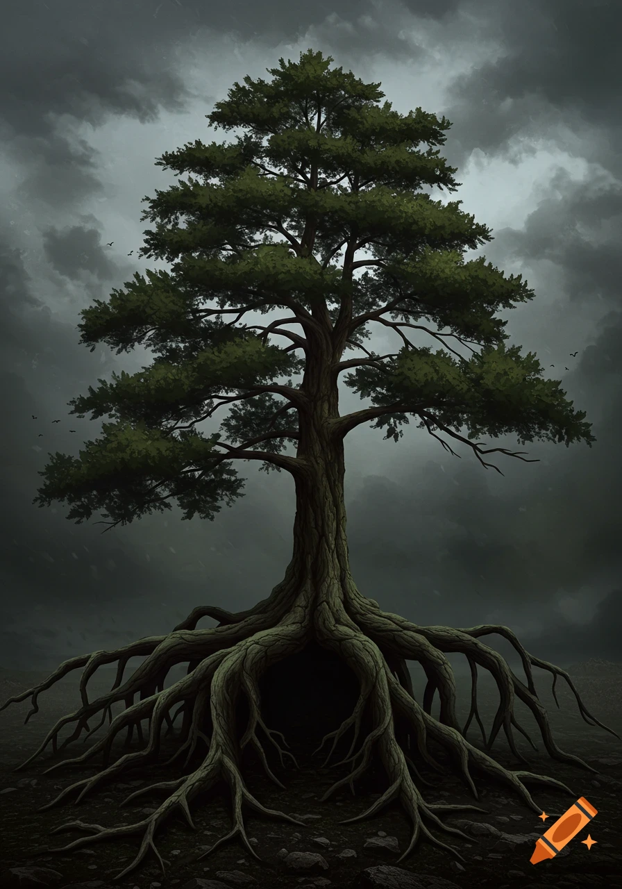 A dark, brooding pine tree with massive roots spread across the ground under a stormy sky.