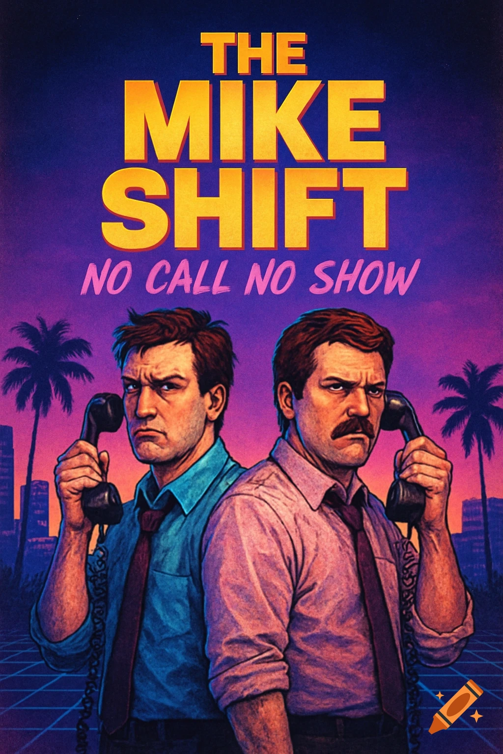 A retro 80s style movie poster featuring two disgruntled men in shirts and ties holding old-fashioned phones, against a sunset cityscape.