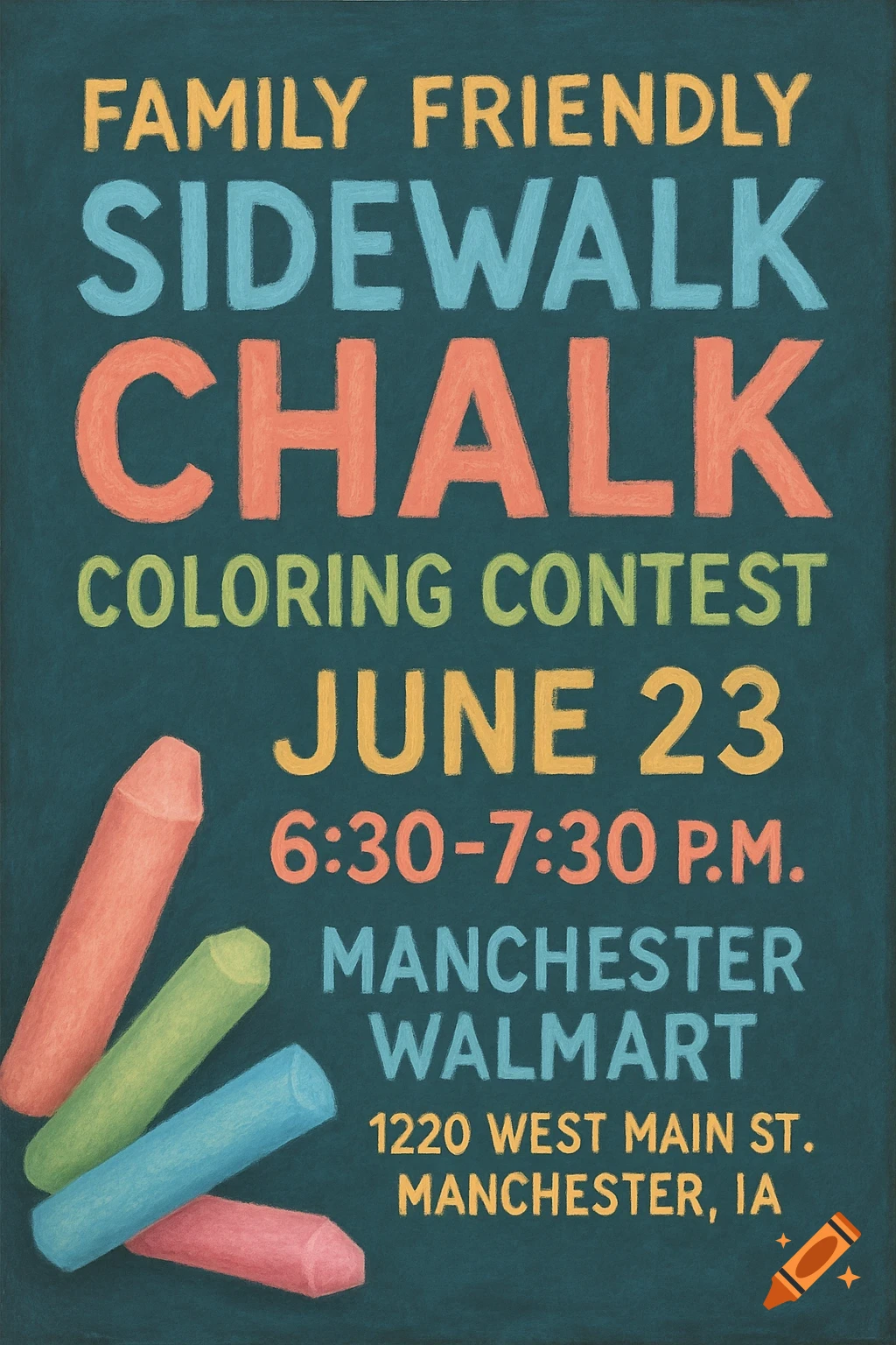 A chalk art sign for a family friendly sidewalk chalk coloring contest on June 23, 6:30-7:30 PM, at Manchester Walmart.