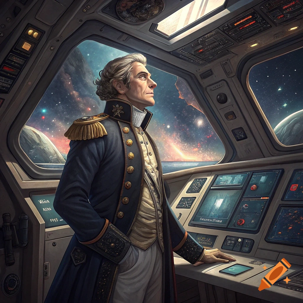 A man in an old-fashioned military uniform stands in the cockpit of a spaceship, looking out at a planet and stars.
