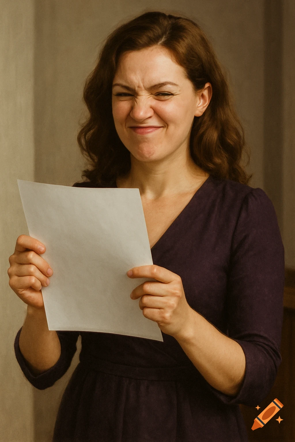 Woman with a squeezed-up face holding a piece of paper