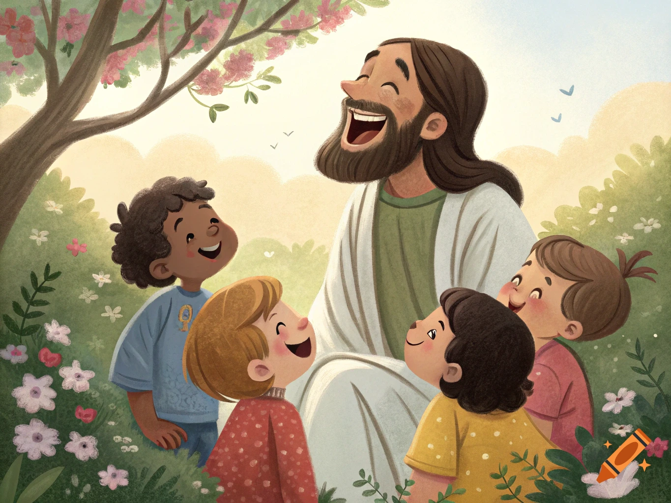 Cartoon illustration of Jesus laughing with children in a sunny garden.