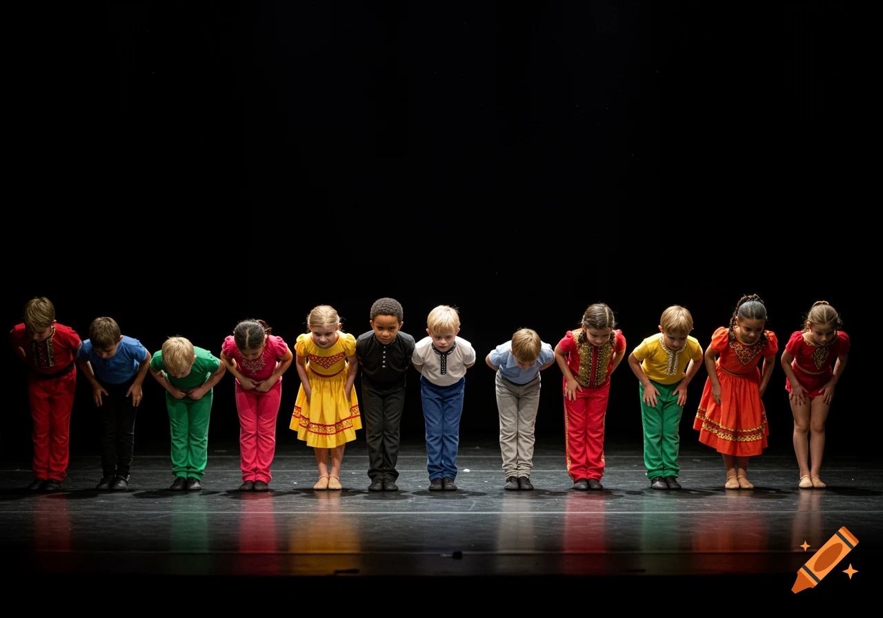 Children in costumes bowing on a stage.