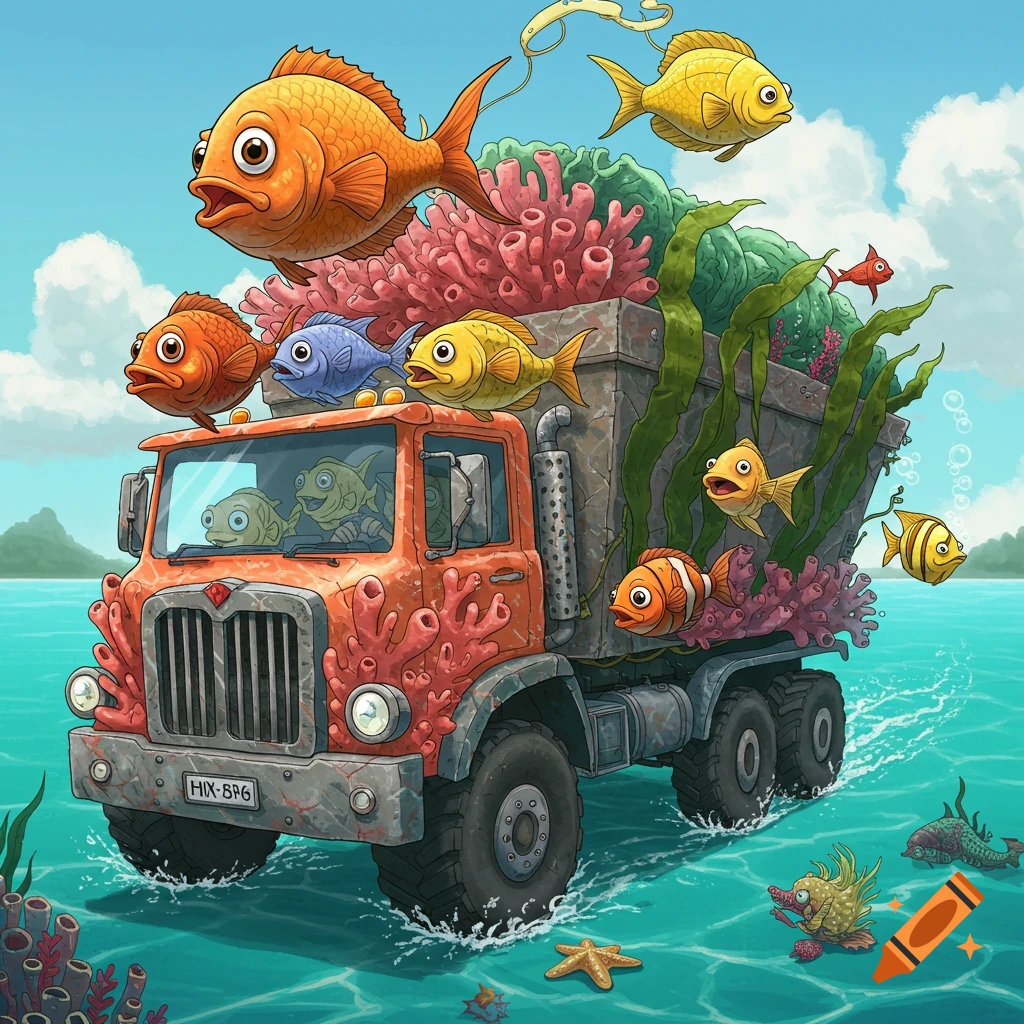 Cartoon illustration of fish in and on a truck driving through water, carrying coral and seaweed.