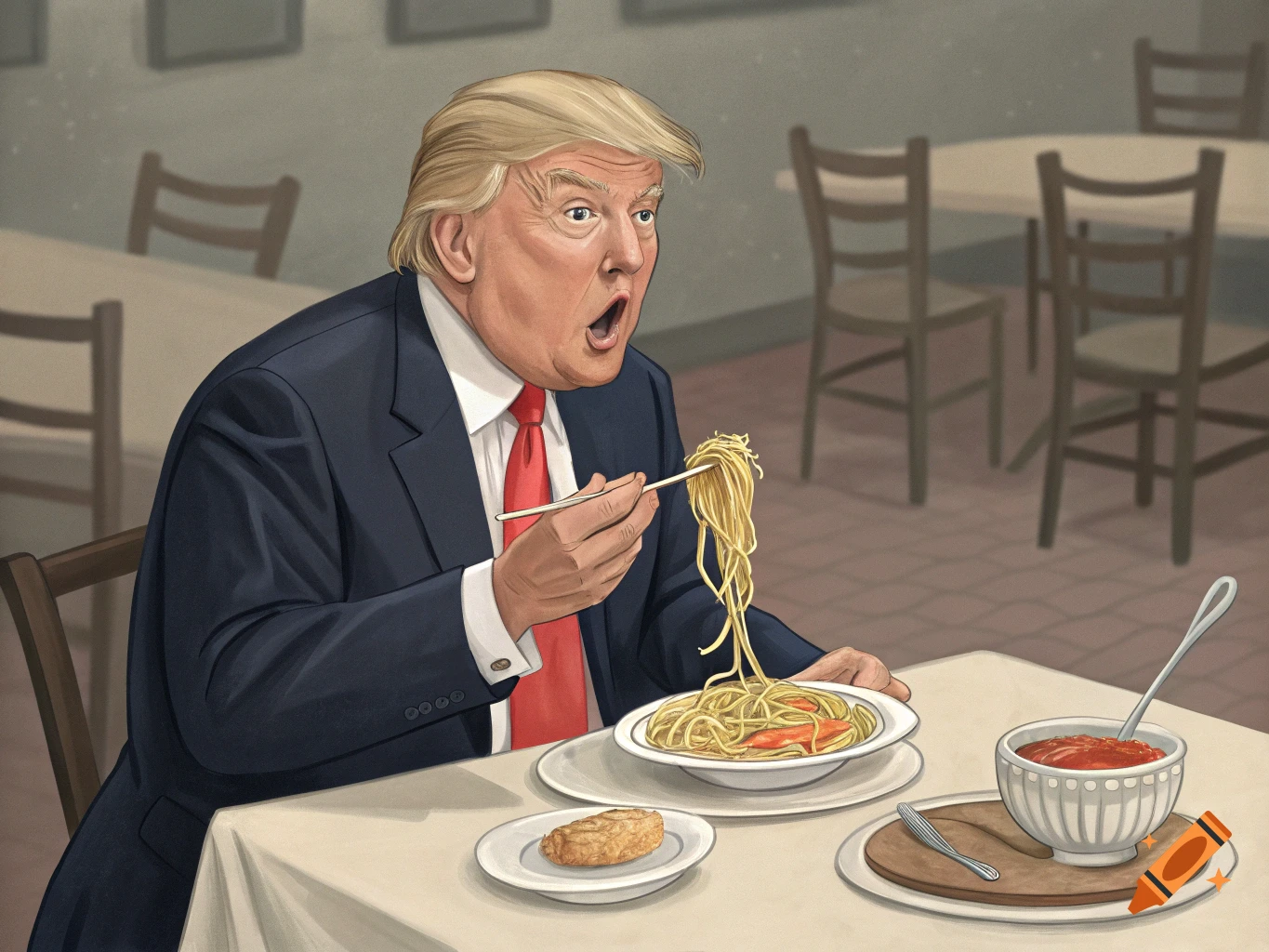 Illustration of Donald Trump eating spaghetti with chopsticks in a restaurant.