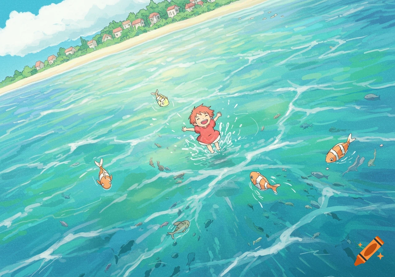 An anime child with orange hair splashes in the ocean among clownfish and other fish, with houses along a sandy beach in the background, in a Ghibli style.