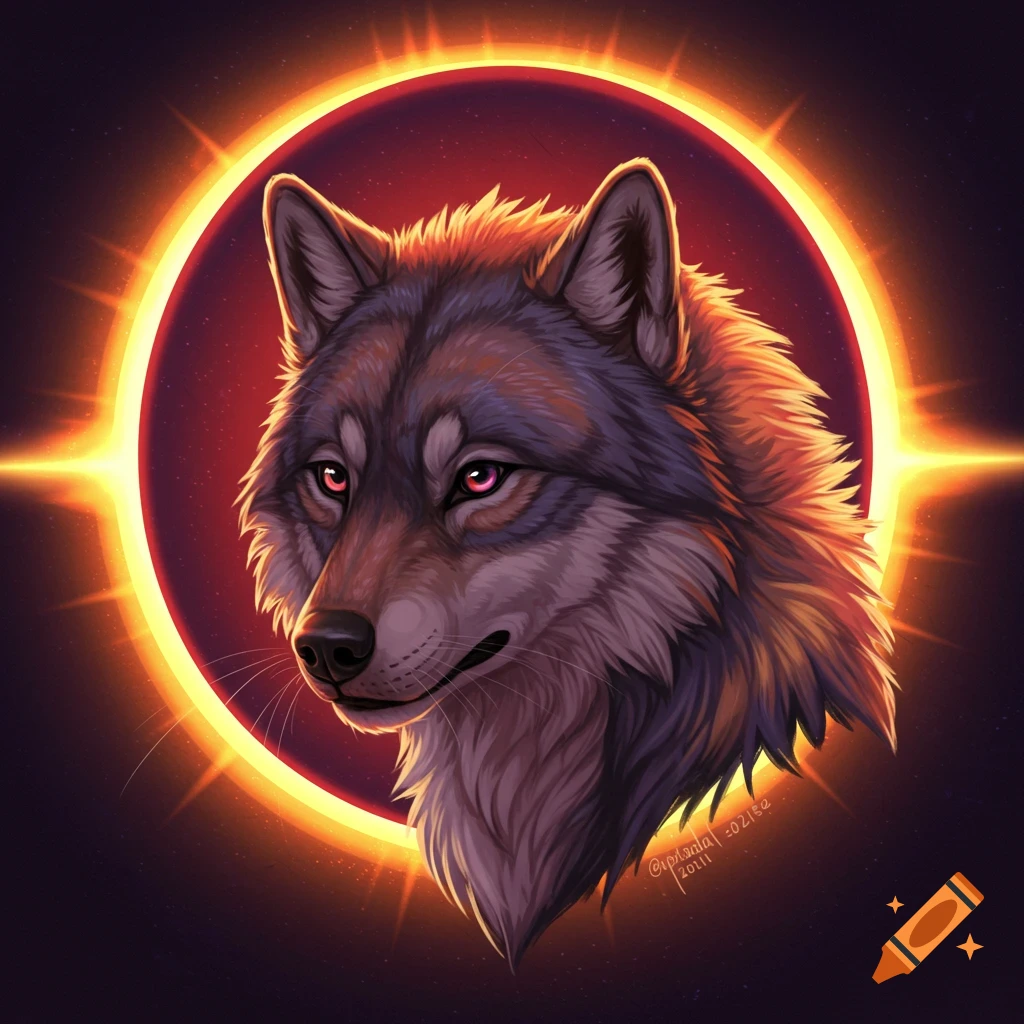 Digital art portrait of a wolf head against a solar eclipse background.