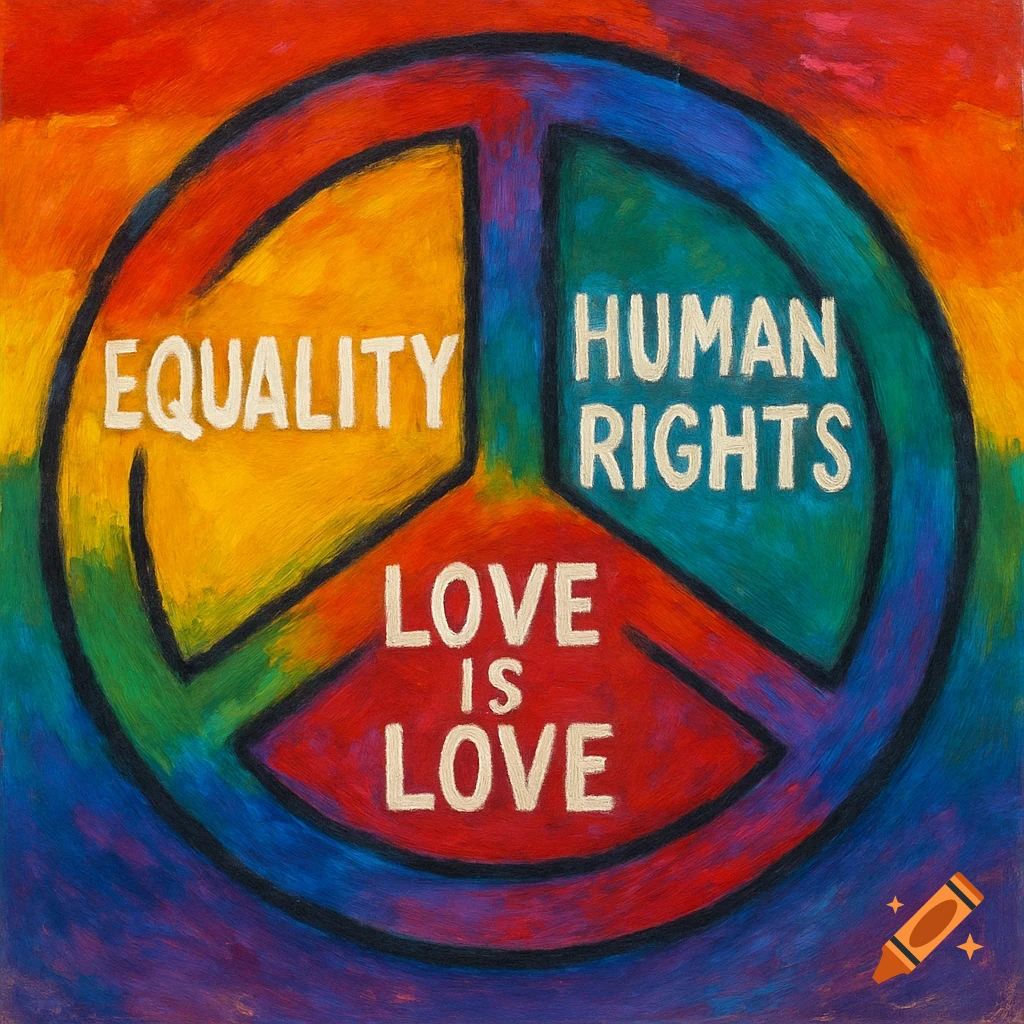 Painting of a rainbow peace sign with Equality, Human Rights, and Love Is Love written inside.