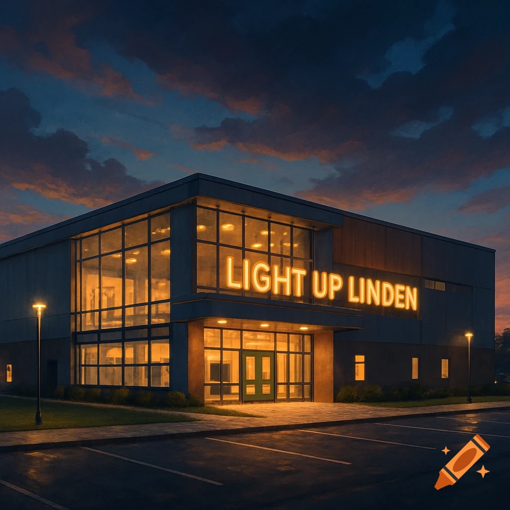 Modern building with "LIGHT UP LINDEN" sign illuminated at dusk, seen from a parking lot.