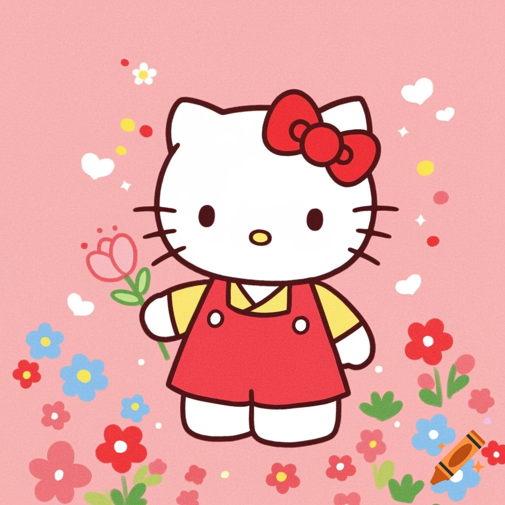 Hello Kitty holding a flower surrounded by flowers and hearts on a pink background
