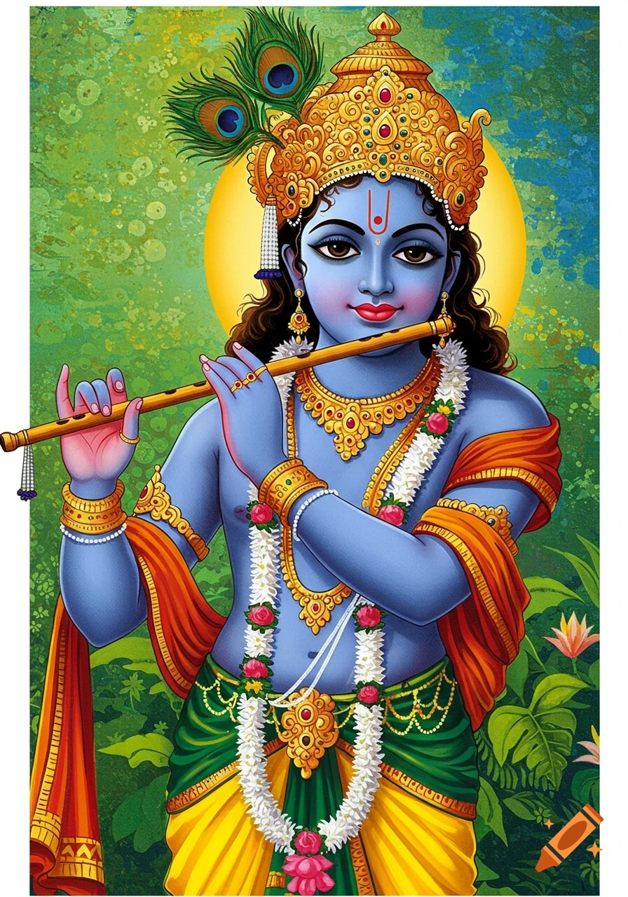 Painting of the blue-skinned deity Krishna playing a flute, adorned with jewels and peacock feathers