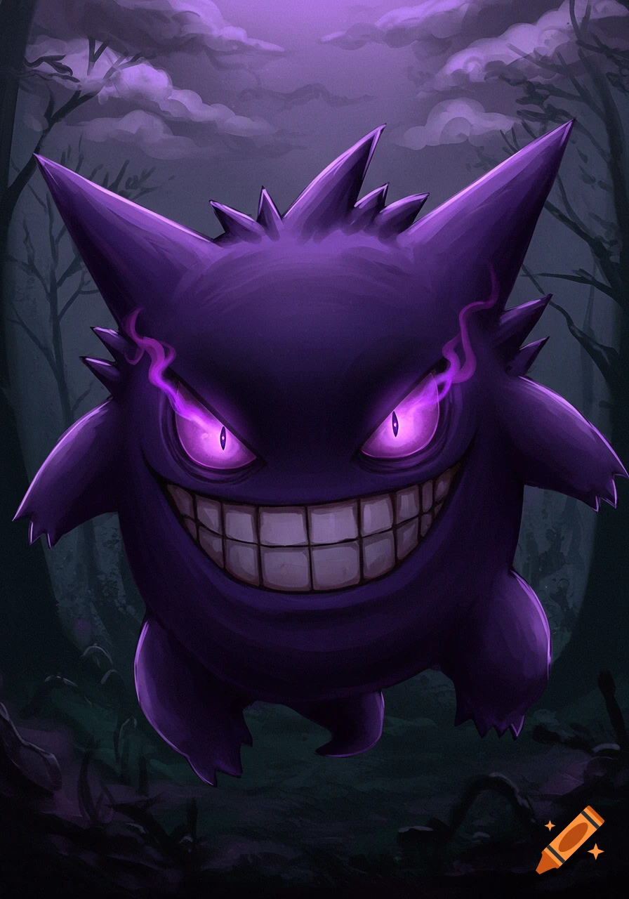 A scary purple Gengar floats in a dark forest.