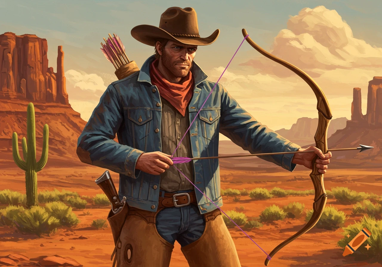 Illustration of a cowboy aiming a bow and arrow in a desert landscape with mountains and a cactus.