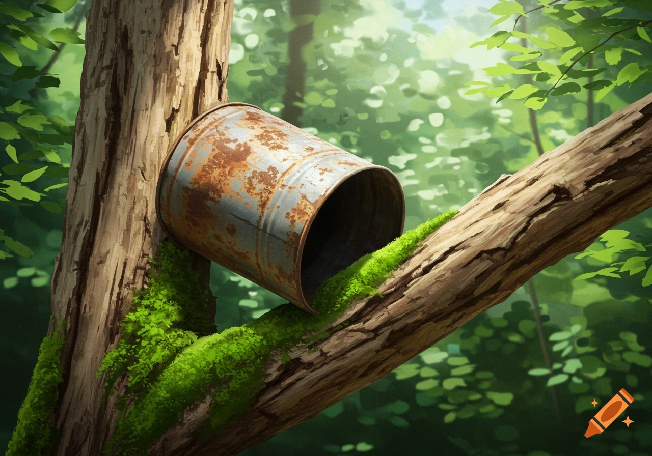 A rusty metal bucket rests on a mossy tree branch in a forest.