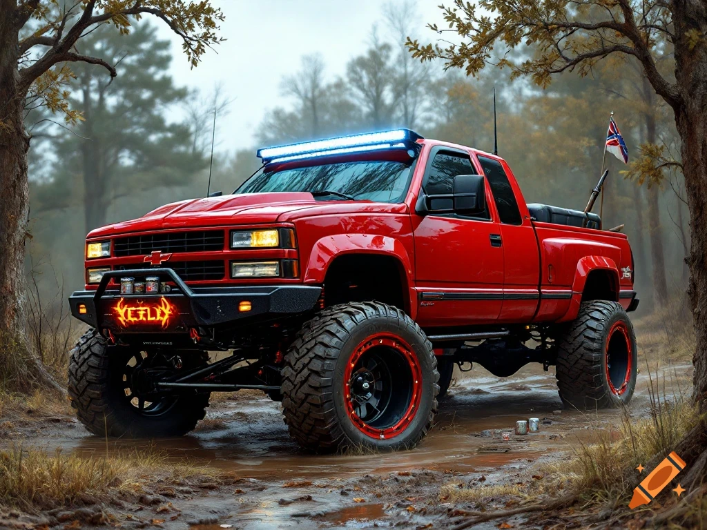 A lifted red pickup truck on a muddy forest trail.