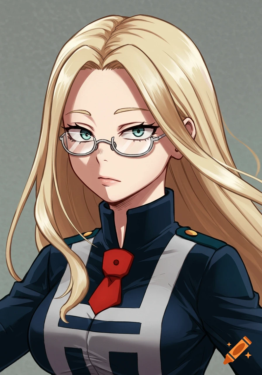 An anime portrait of a blonde woman with glasses in a dark blue and white uniform