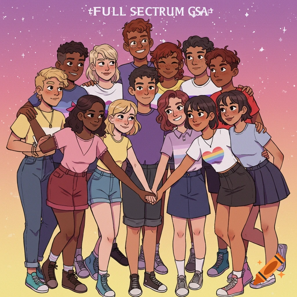 Illustration of a diverse group of smiling young people holding hands.