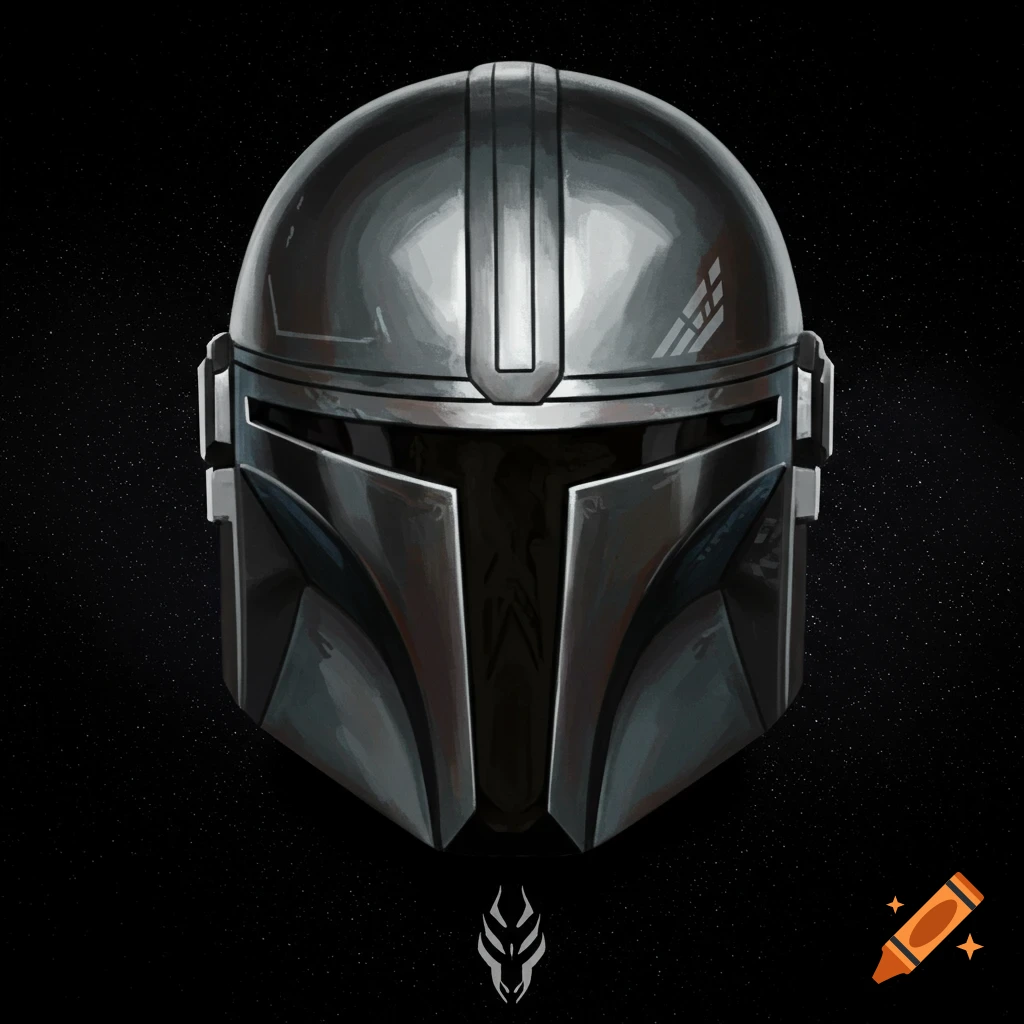 Stylized illustration of a silver Mandalorian helmet against a starry black background.