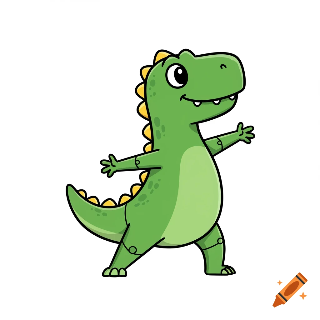 Cute cartoon green dinosaur doing a yoga pose on a white background.