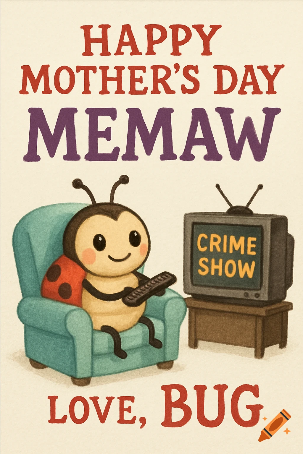 Illustration of a ladybug watching TV that says 'Crime Show'. Text: Happy Mother's Day Memaw, Love, Bug.