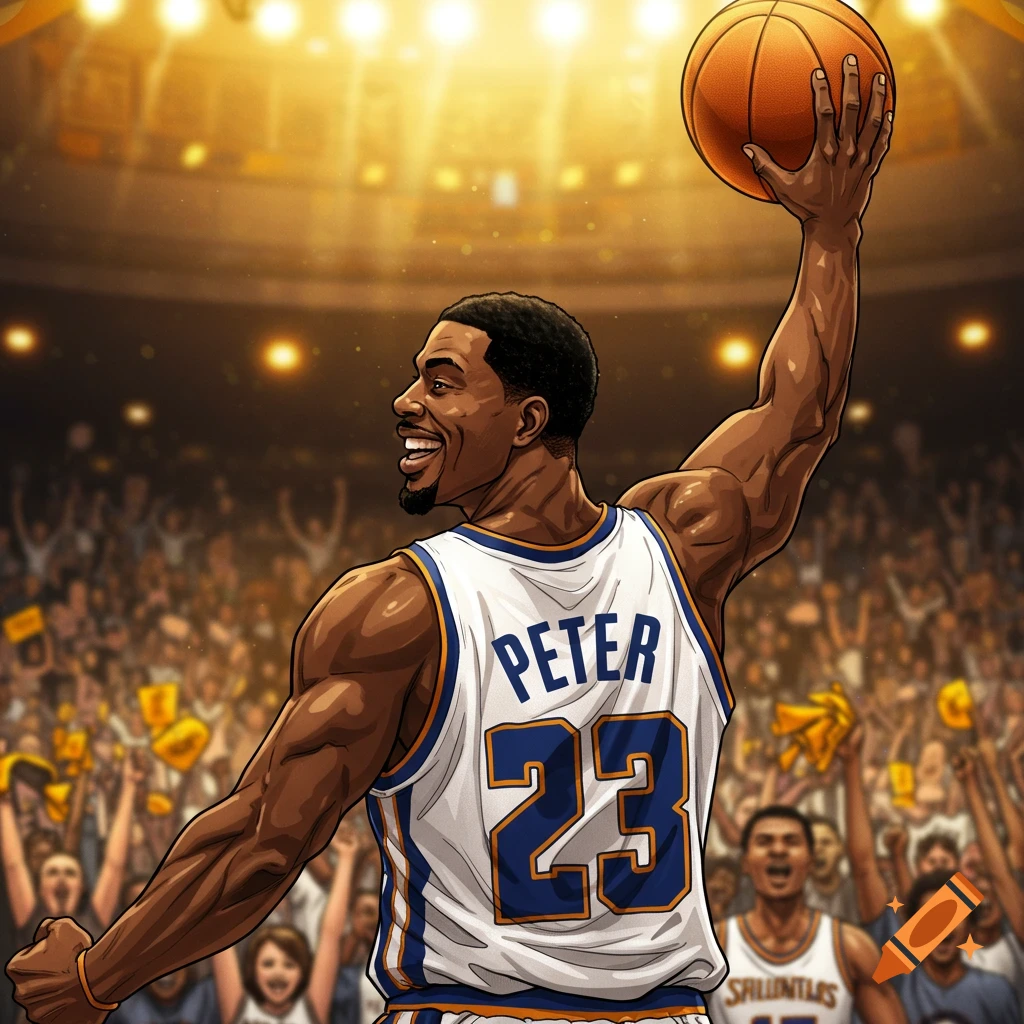 Basketball player in jersey number 23 with 'PETER' on the back celebrating a score in front of a cheering crowd.
