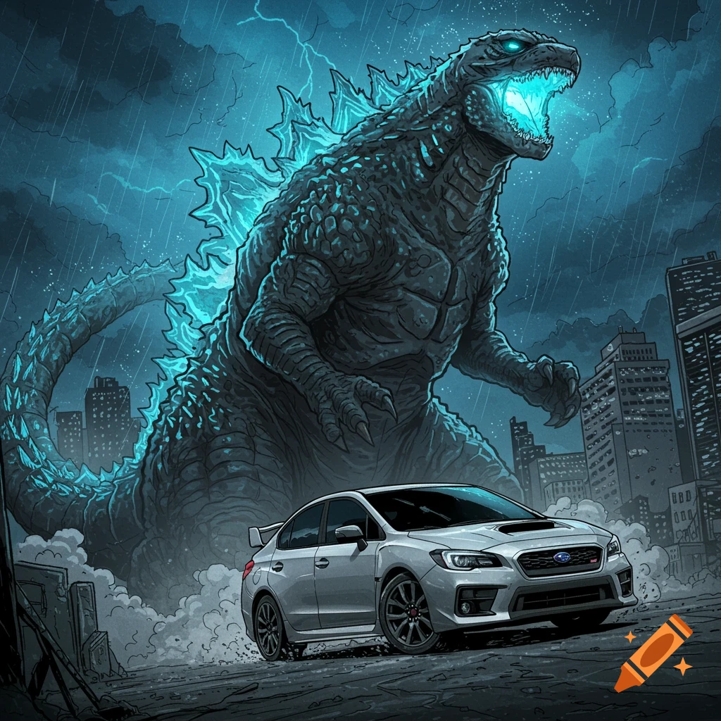 Illustration of Godzilla roaring behind a silver Subaru WRX in a rainy city