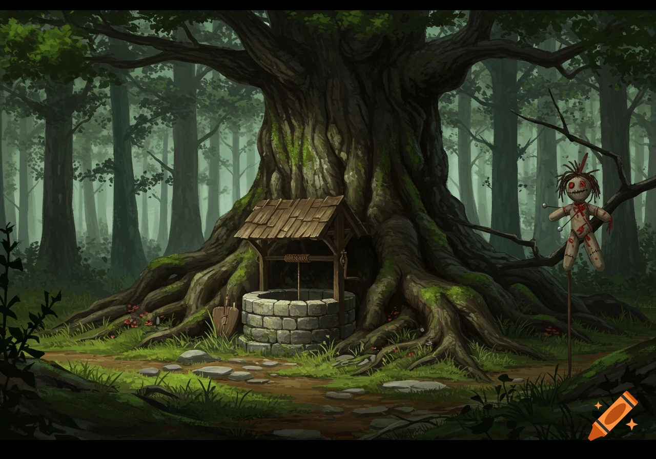 Painting of a stone well under a large oak tree in a dark forest, with a voodoo doll hanging from a branch.