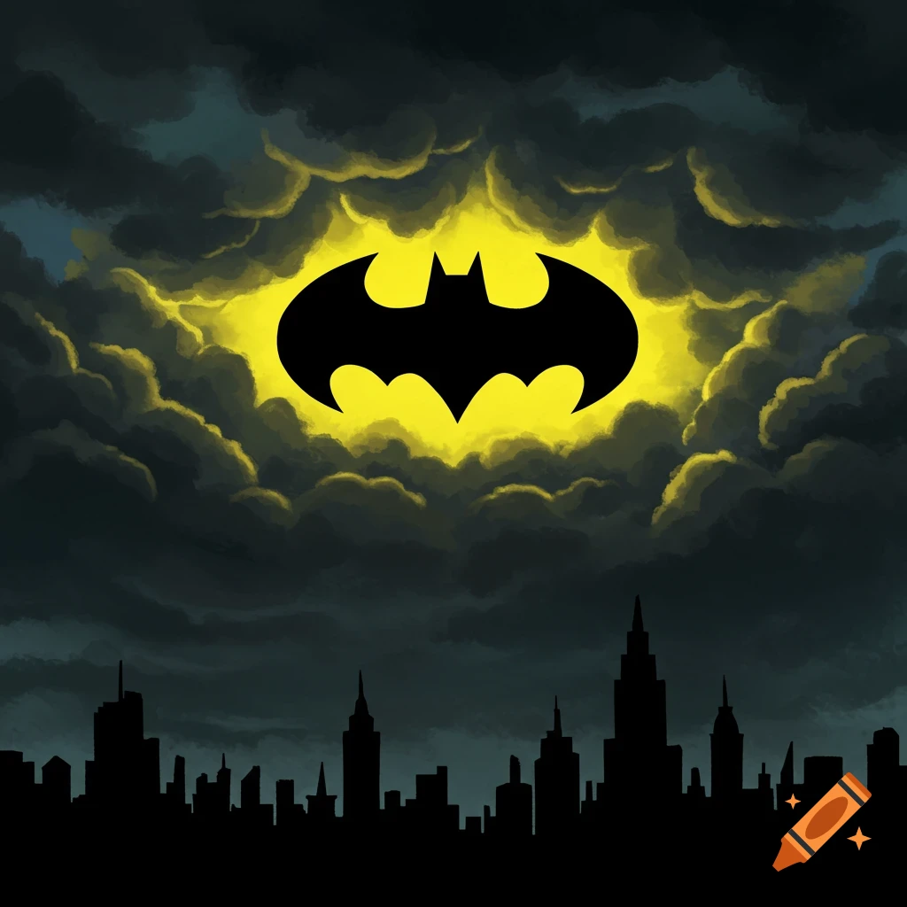 The bat signal glowing in stormy clouds above a city skyline.