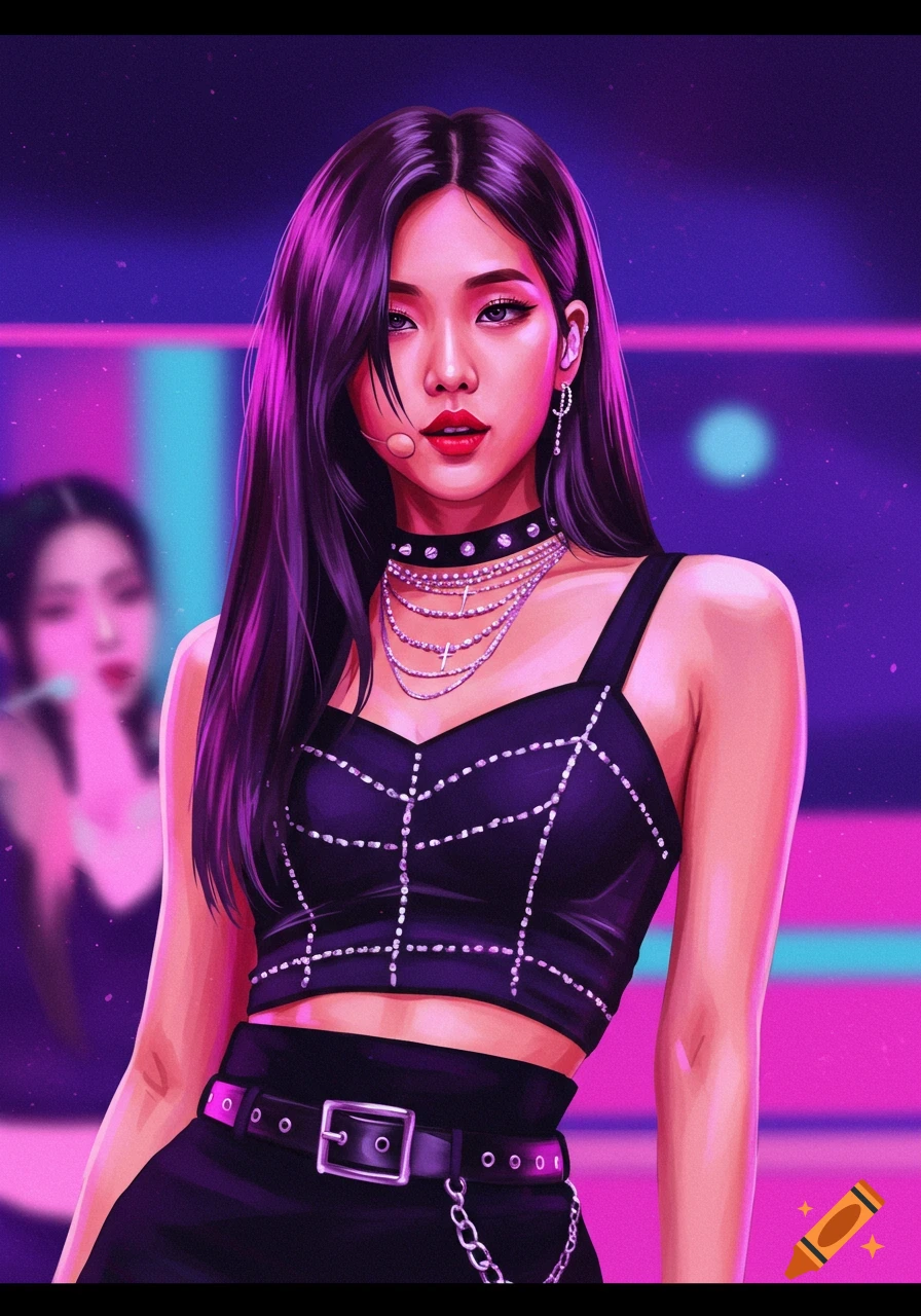 Digital illustration of a woman on stage wearing a black studded crop top and skirt.
