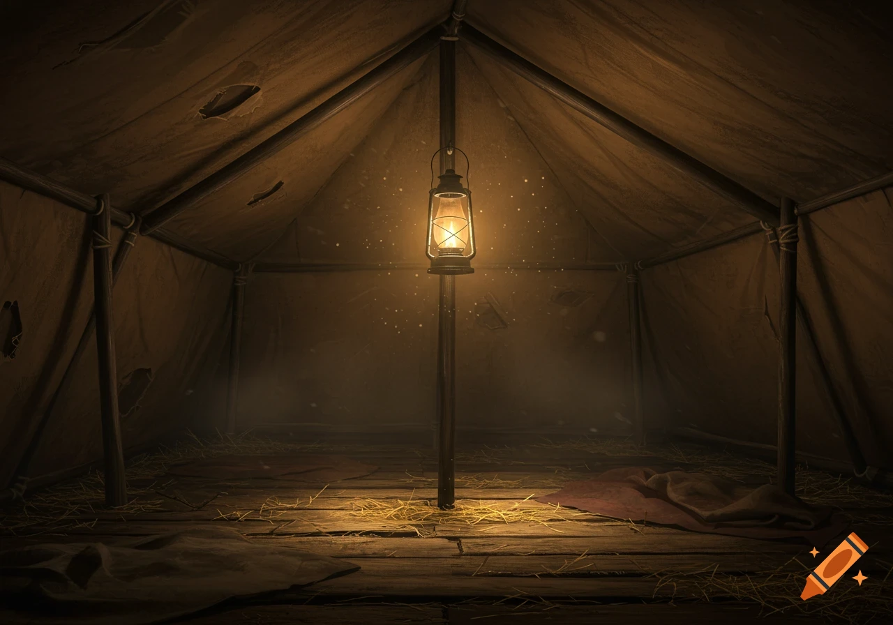 Dimly lit interior of a makeshift tent with a hanging lantern and straw on a wooden floor.