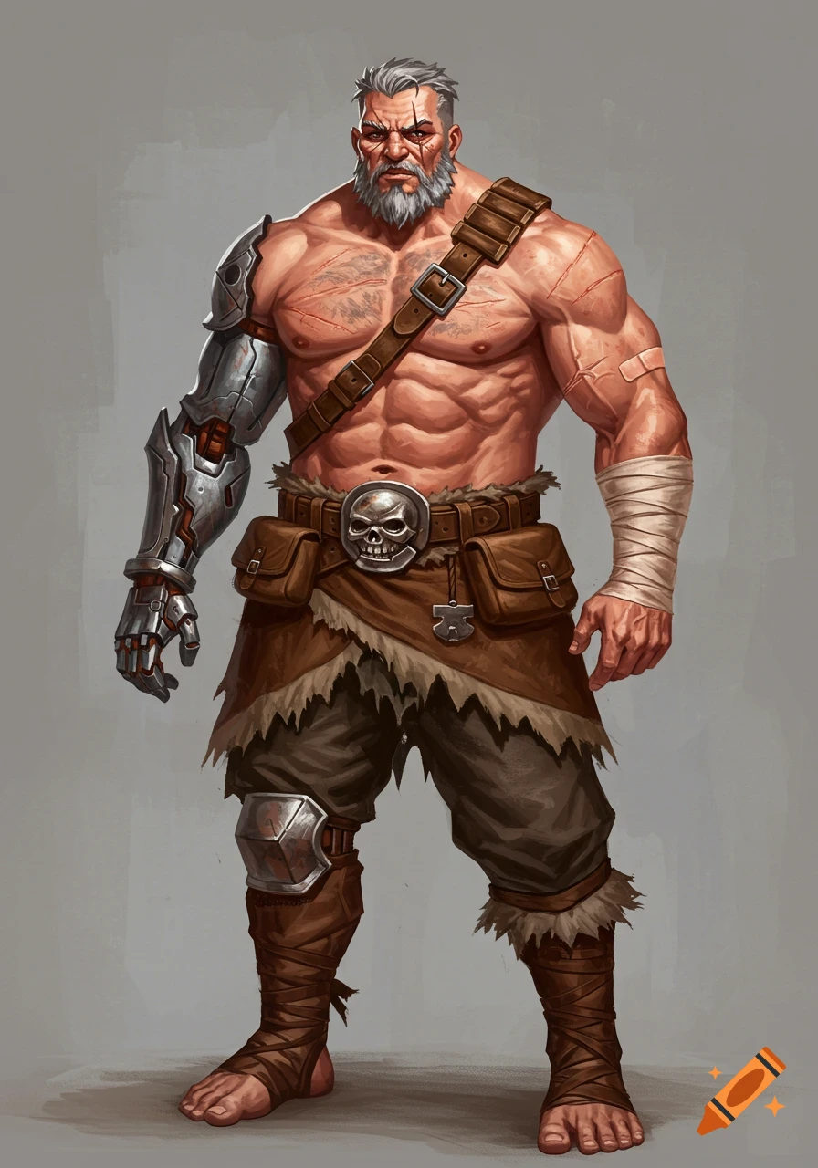 Muscular man with a robotic arm, scars, bandages, and skull belt buckle.