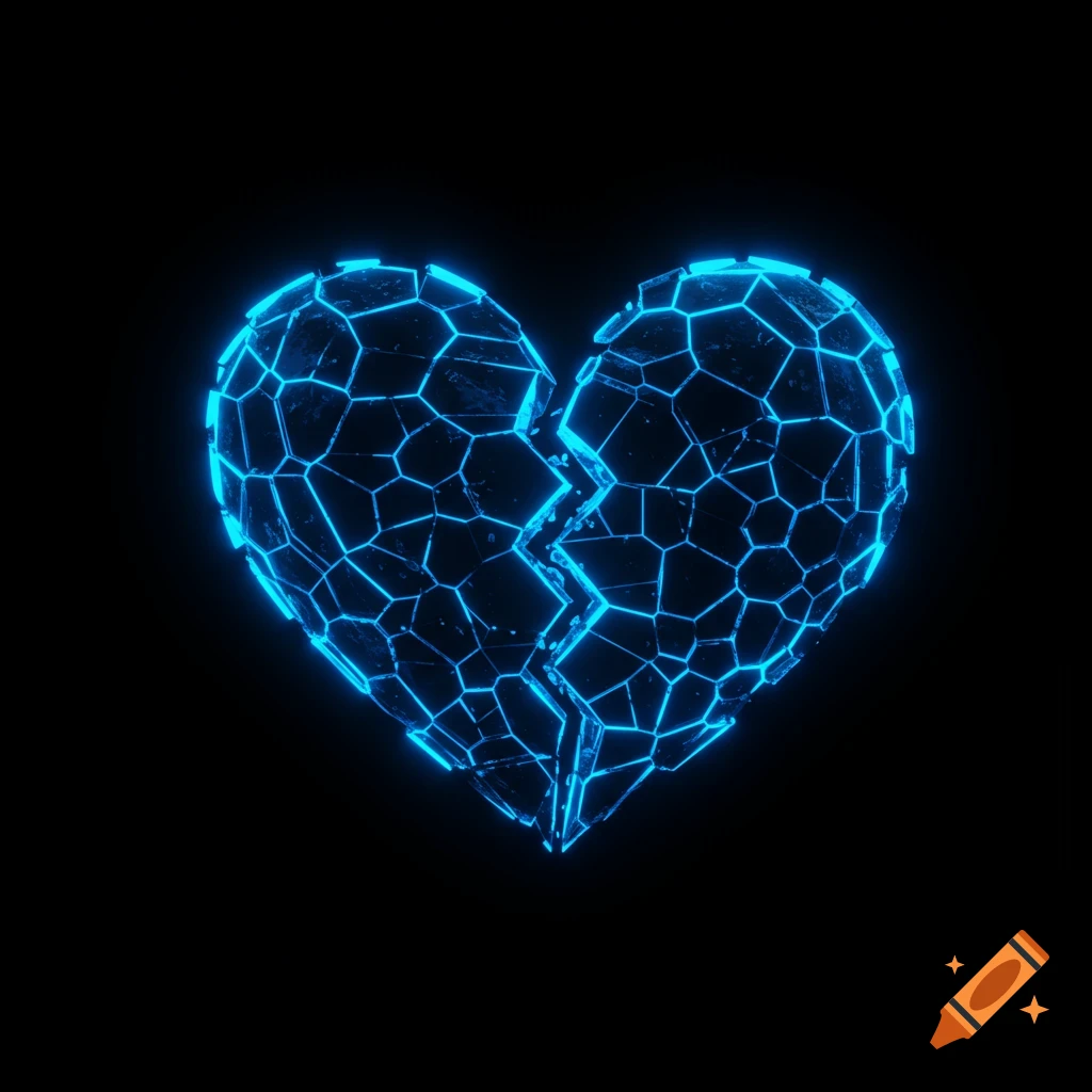 A glowing electric neon blue broken heart on a black background.