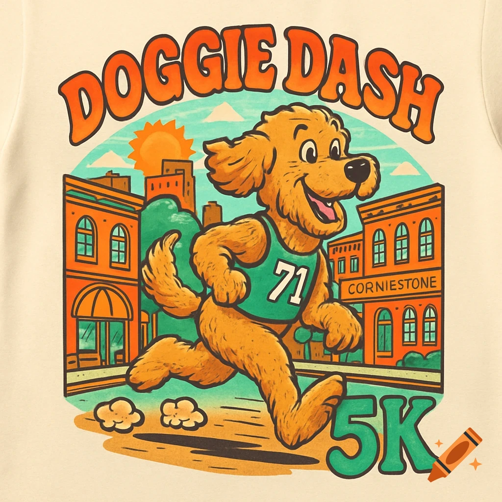 70s cartoon style illustration of a goldendoodle running a race in a city street.