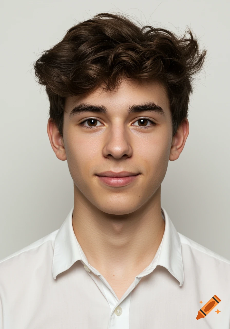 A close-up portrait of a young man with brown hair and brown eyes, wearing a white shirt.