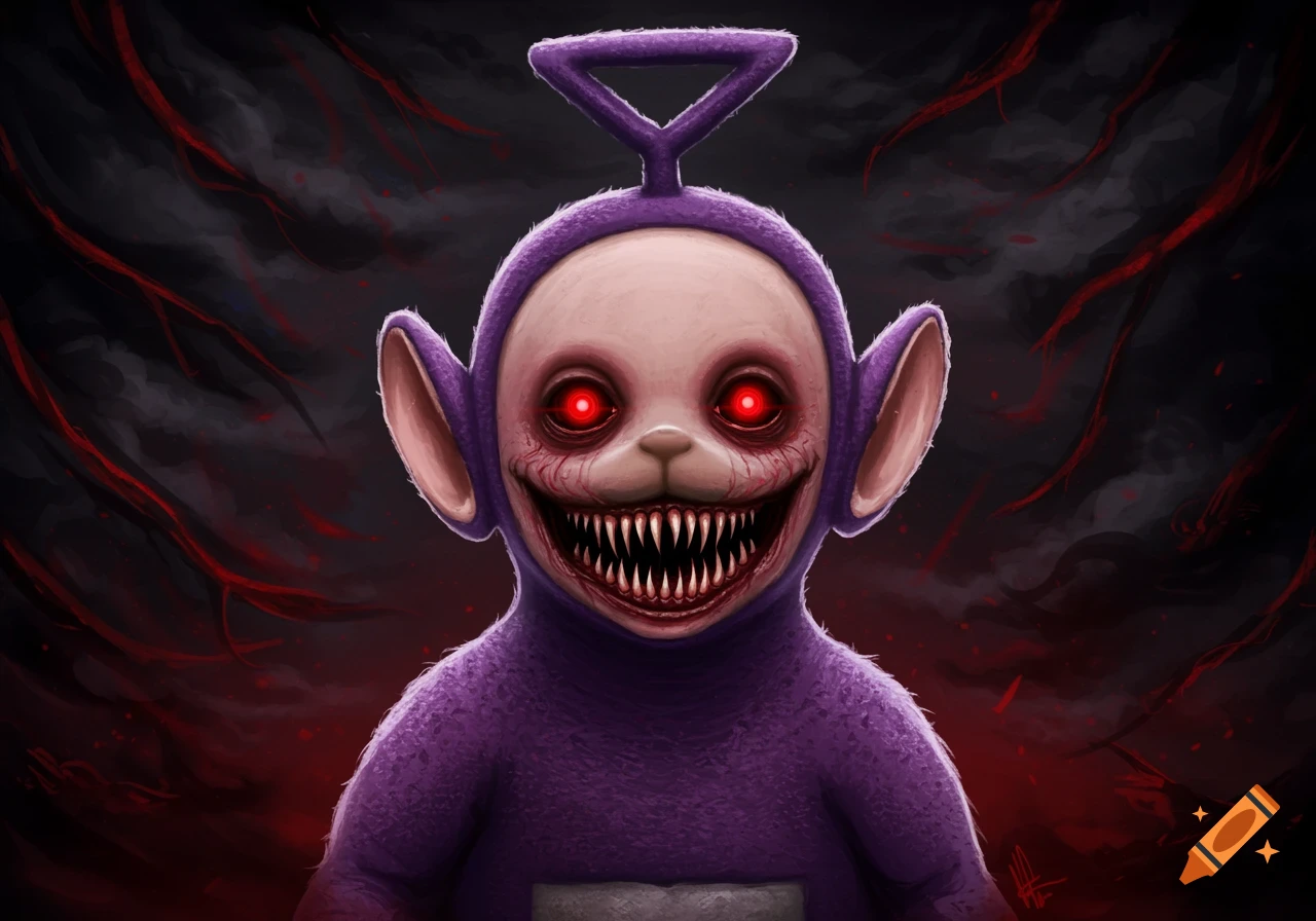 A terrifying purple Teletubby with glowing red eyes, sharp teeth, and a blood-soaked face.