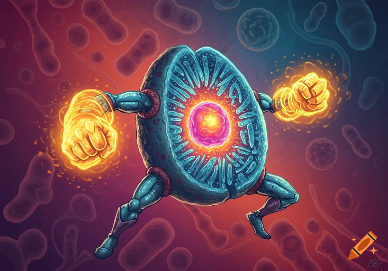 An illustration of a cell superhero with glowing fists fighting bacteria.