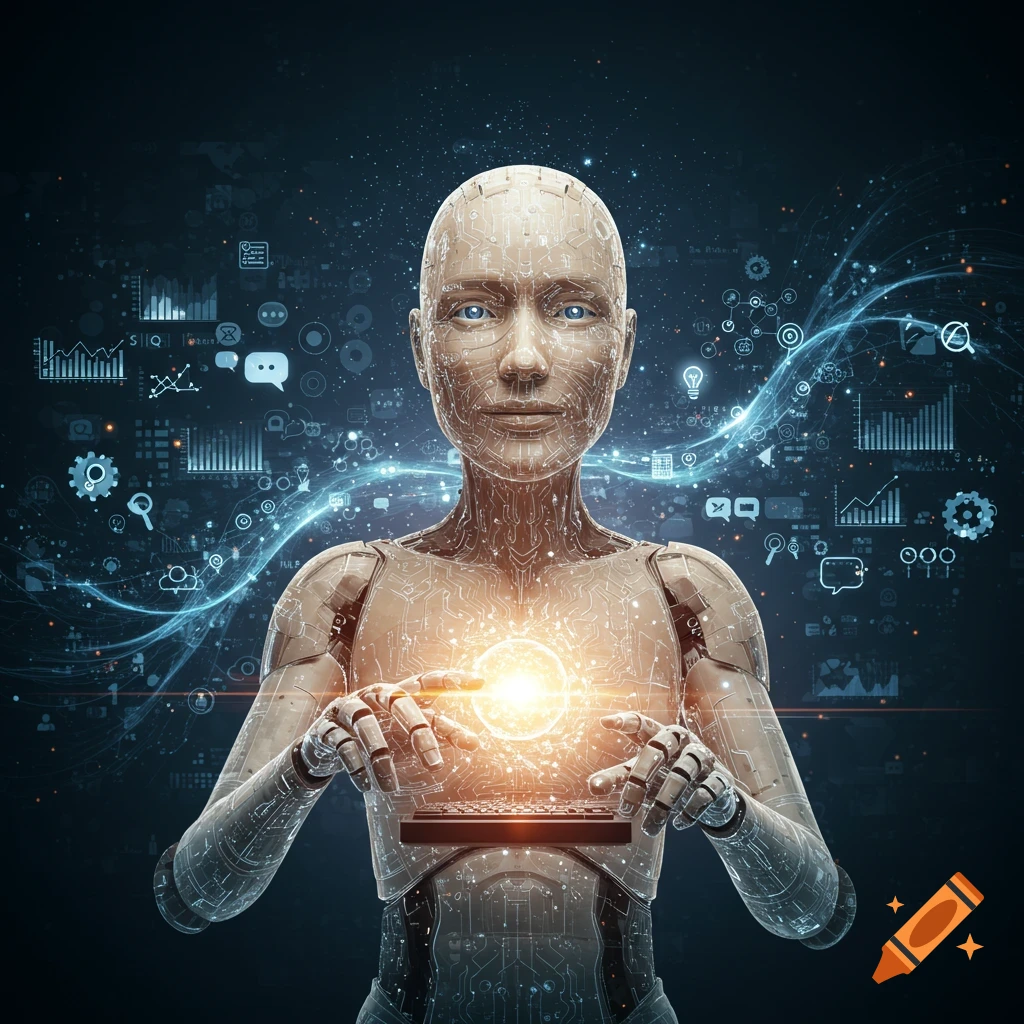 Digital Robort Digital robot interacting with glowing data streams and charts. on Craiyon