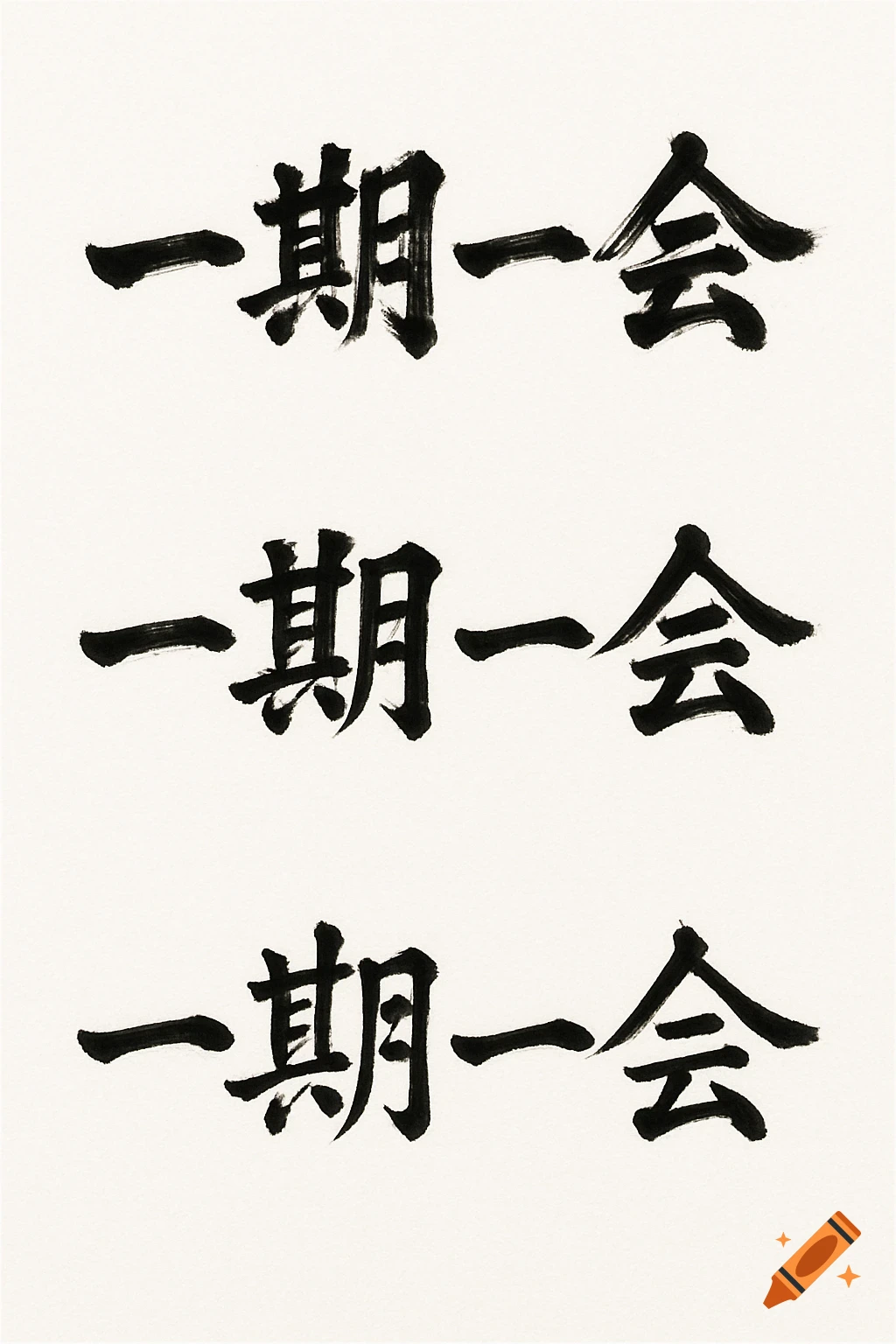 Three lines of Japanese calligraphy '一期一会' on a white background.