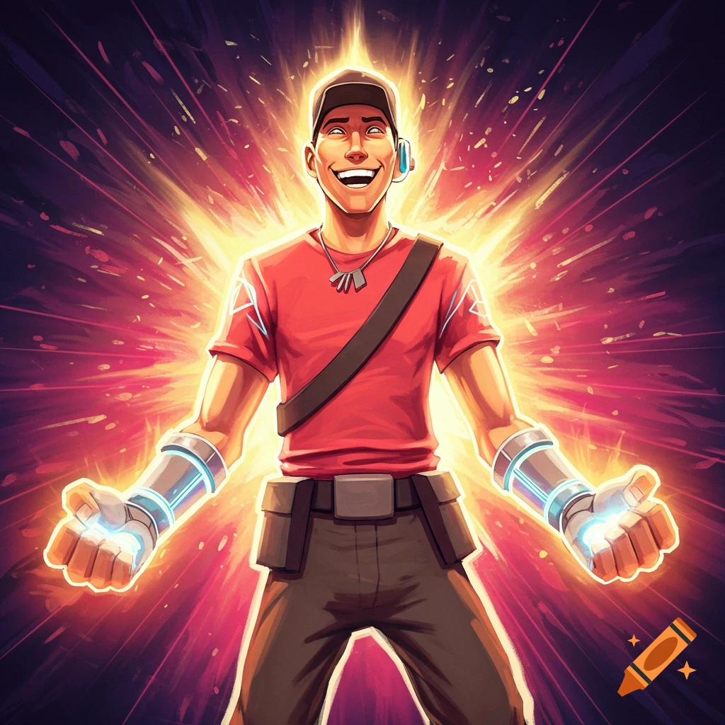Stylized illustration of the TF2 Scout character with glowing hands radiating energy.