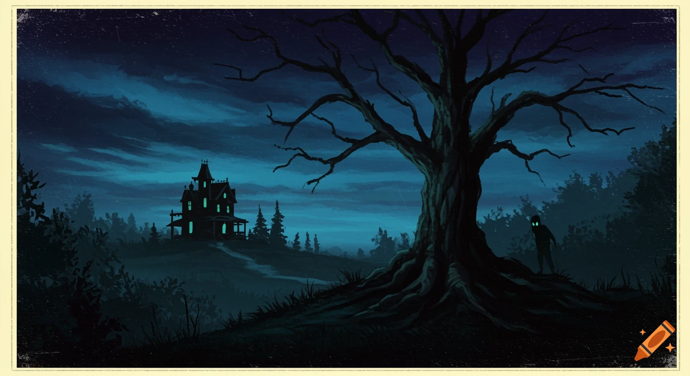 A spooky illustration of a haunted house on a hill, a large gnarled tree, and a figure with glowing eyes at night.