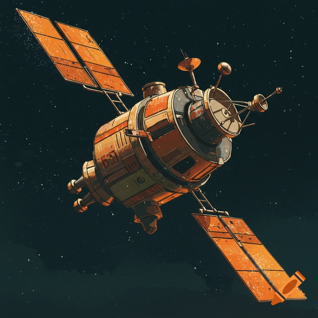 Vintage-style illustration of an orange satellite in space with solar panels.