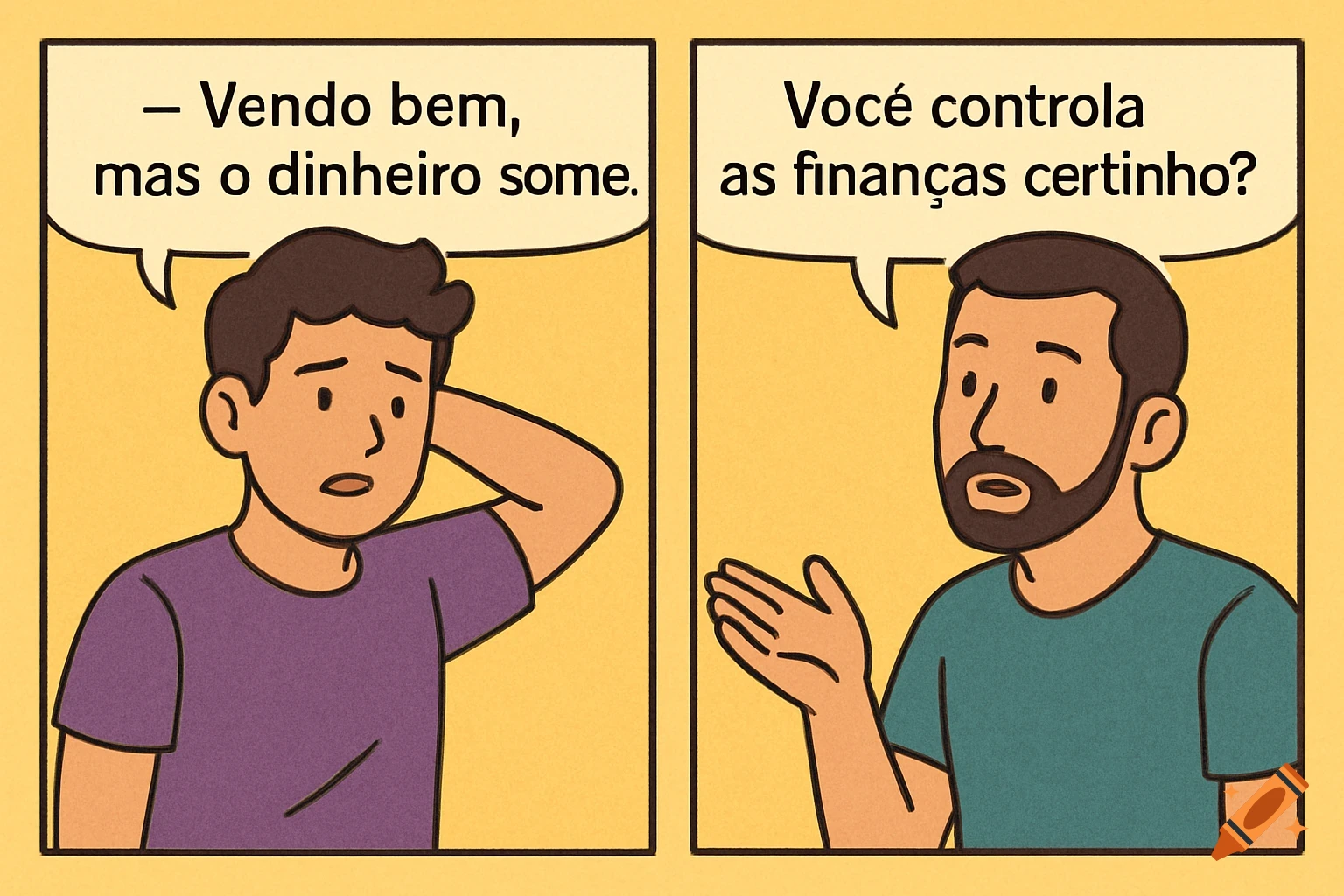 Two-panel comic strip illustration of two men discussing finances in speech bubbles.