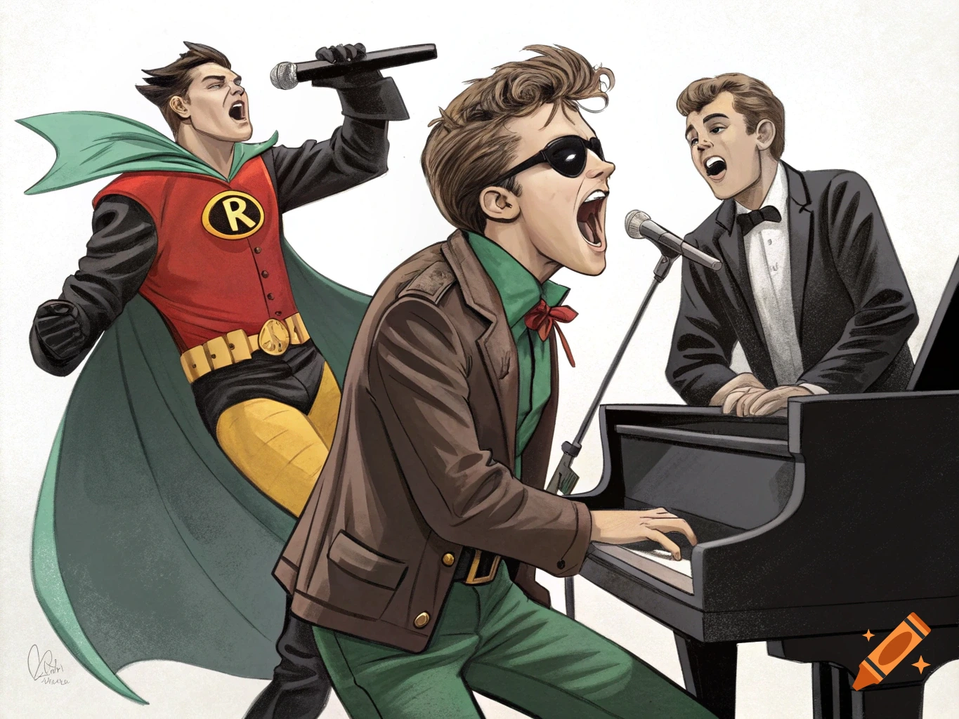 Illustration of Robin, Little Richard, and James Dean singing together.