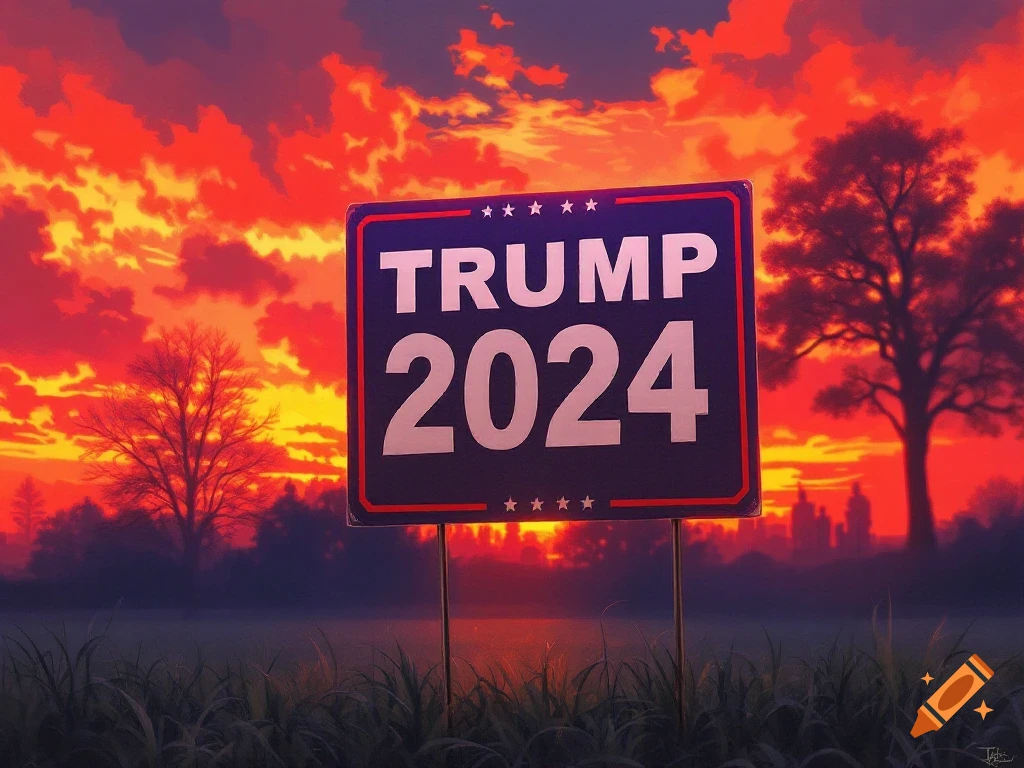 A 'TRUMP 2024' yard sign in a field during a vibrant sunset. Painted style.