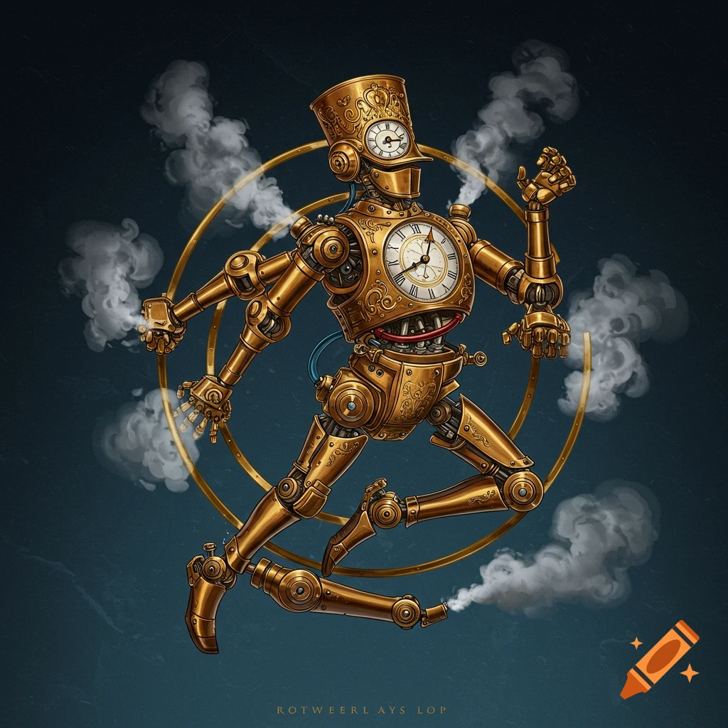 A golden clockwork robot running, emitting steam, against a dark background.