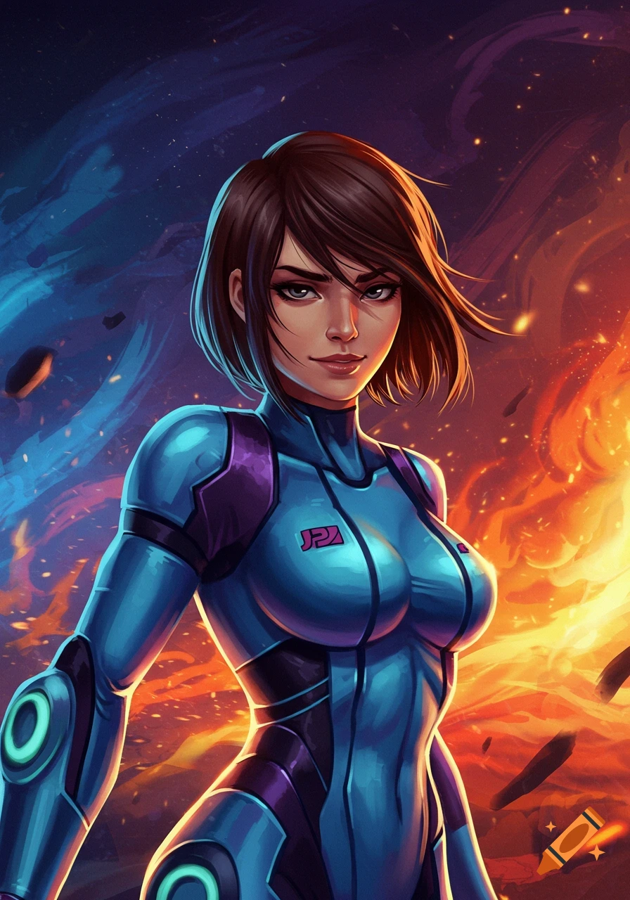 Samus Aran in her blue and purple Zero Suit against a fiery background, digital art