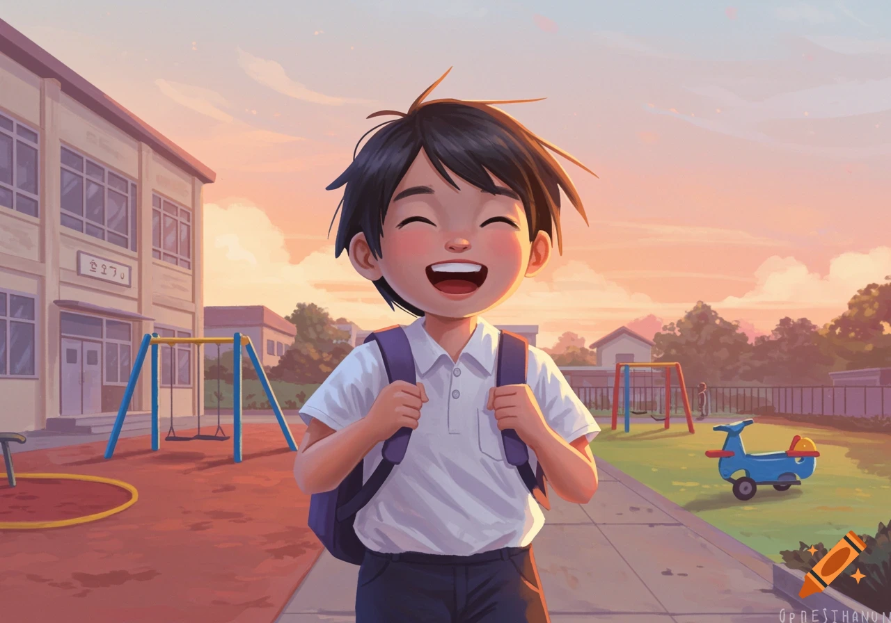 Smiling boy with backpack walks toward school playground at sunrise, illustration.