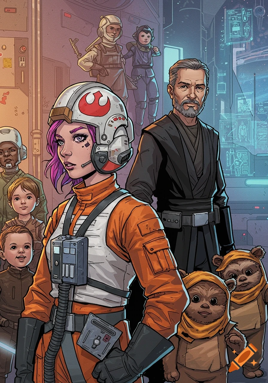 Multiple characters in Star Wars costumes including a pilot, Jedi, children, and Ewoks in a sci-fi interior in a comic art style.