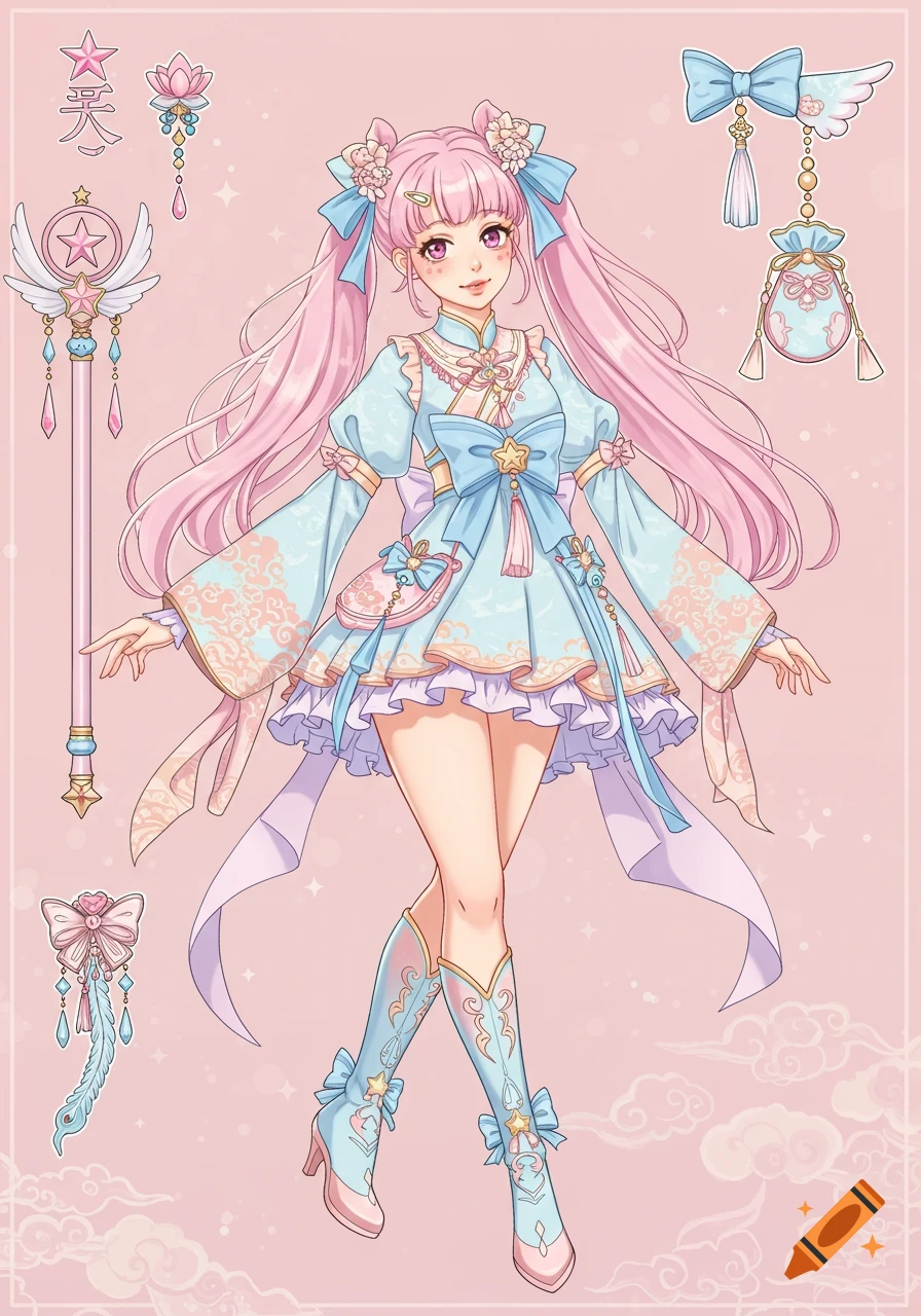 Anime girl with pink hair in a pastel fantasy dress and boots, holding a wand.